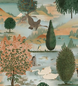 Papel pintado escénico de naturaleza con pájaros y arboles junto a un lago Bosco Breeze 682682