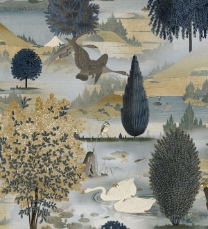 Papel pintado escénico de naturaleza con pájaros y arboles junto a un lago Bosco Breeze 682683