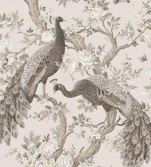 Papel pintado de pavos reales sobre ramas fondo gris rosáceo Avian Paradise 682688