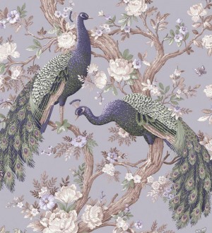 Papel pintado de pavos reales sobre ramas fondo violeta Avian Paradise 682689