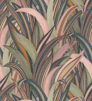 Papel pintado de hojas tropicales con estilo japonés rosa palo y verde Nagai Ha 682723