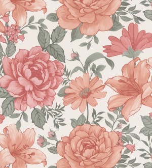 Papel pintado floral romántico con rosas y flores en tonos de coral suave Coral Petals 682733