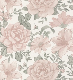 Papel pintado florar romántico con rosas y flores en tono rosa claro Coral Petals 682734