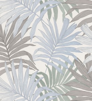 Papel pintado infantil de hojas de la selva tropical africana color gris y celeste Tawa 682737