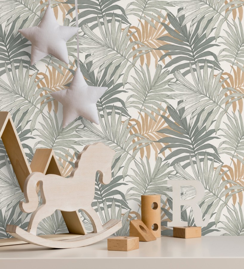 Papel pintado infantil de hojas de la selva tropical africana en tonos ...