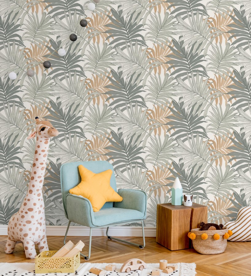 Papel pintado infantil de hojas de la selva tropical africana en tonos ...