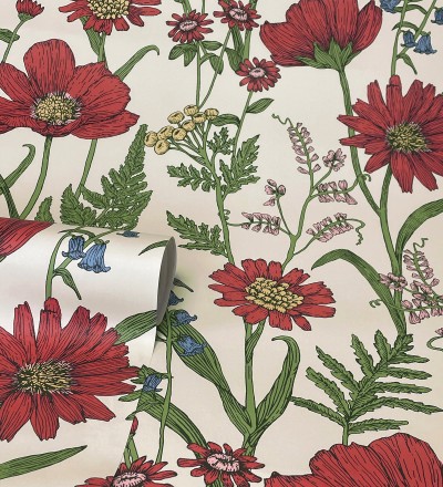 Papel pintado de flores silvestres con margaritas y amapolas fondo beige claro Margot Meadow 682379