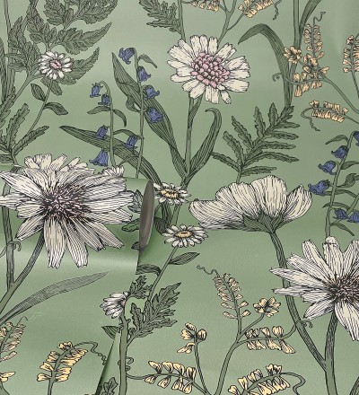 Papel pintado de flores silvestres con margaritas y amapolas fondo verde Margot Meadow 682381