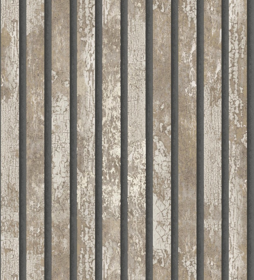 Papel pintado efecto listones de madera envejecida con detalles metalizados Oslo Lattes 682388