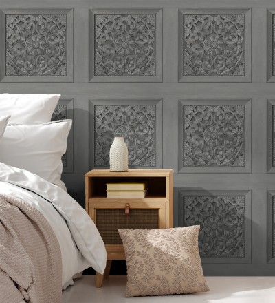 Papel pintado casetones barrocos grises con efecto madera tallada sin relieve Odeon Rail 682359