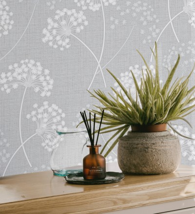 Papel pintado de flores diente de león con estilo nórdico color gris en relieve Liss Dandelion 682369