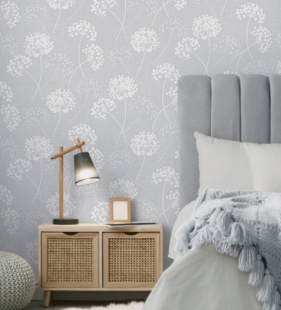 Papel pintado de flores diente de león con estilo nórdico color gris en relieve Liss Dandelion 682369