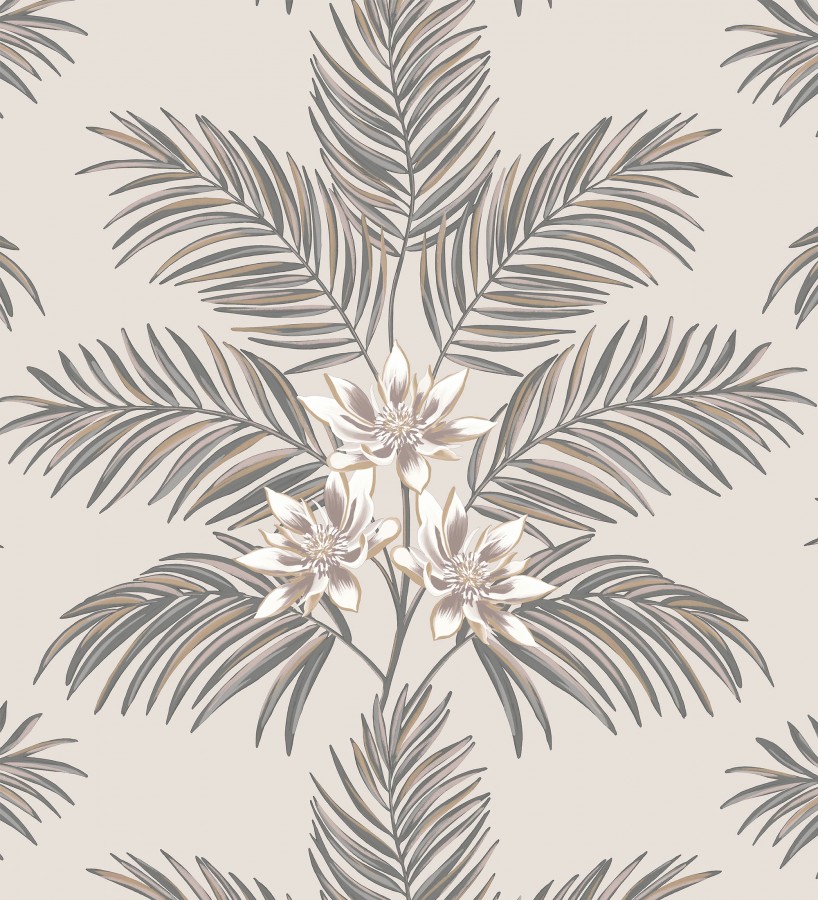 Papel pintado de hojas de palmera con flores estilo tropical color gris y beige claro Malibu Palms 682362