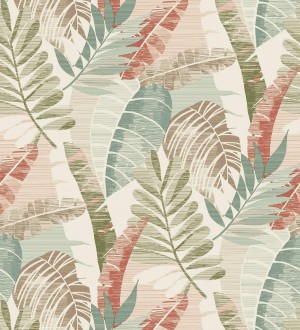 Papel pintado de hojas tropicales tonos verdes terracota claro y marfil Jungle Jacquard 682819