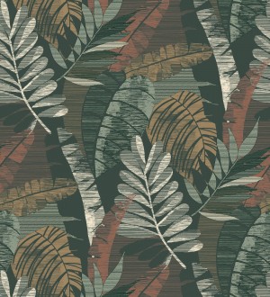 Papel pintado de hojas tropicales de colores metalizados y fondo verde oscuro Jungle Jacquard 682821