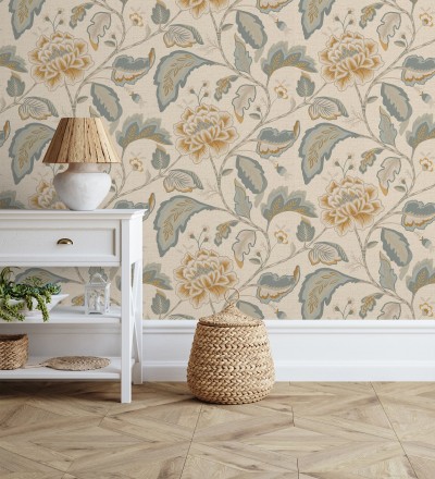 Papel pintado de flores peonía grandes color ocre y fondo beige Denise Blossom 682825