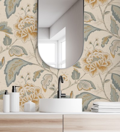 Papel pintado de flores peonía grandes color ocre y fondo beige Denise Blossom 682825