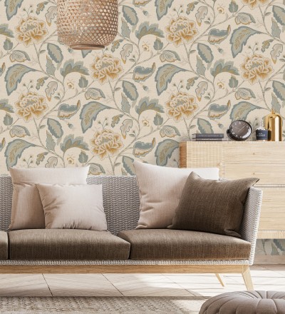 Papel pintado de flores peonía grandes color ocre y fondo beige Denise Blossom 682825
