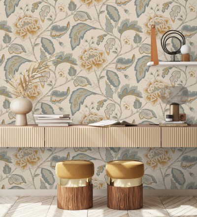 Papel pintado de flores peonía grandes color ocre y fondo beige Denise Blossom 682825