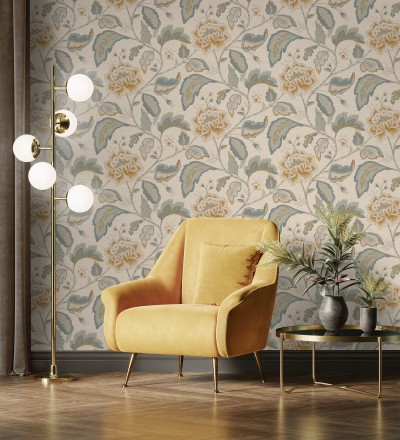 Papel pintado de flores peonía grandes color ocre y fondo beige Denise Blossom 682825