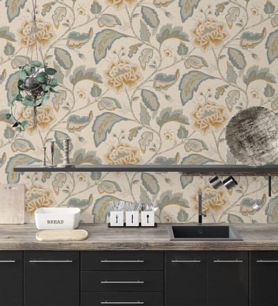 Papel pintado de flores peonía grandes color ocre y fondo beige Denise Blossom 682825
