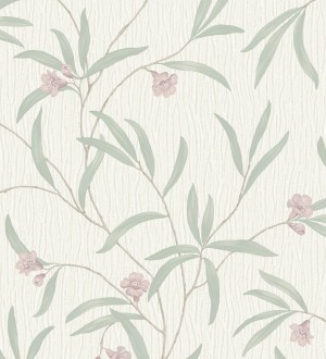 Papel pintado de flores malvas y hojas verdes en relieve con toque nacarado Jasmine Joy 682830