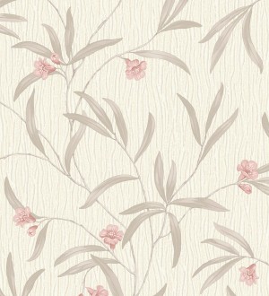 Papel pintado de flores rosa coral y hojas gris topo en relieve con toque nacarado Jasmine Joy 682831