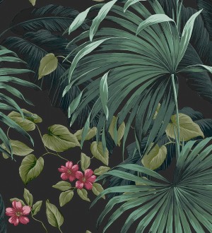 Papel pintado de hojas de palmera tropical color verde turquesa y negro Polynesia Paradise 682837