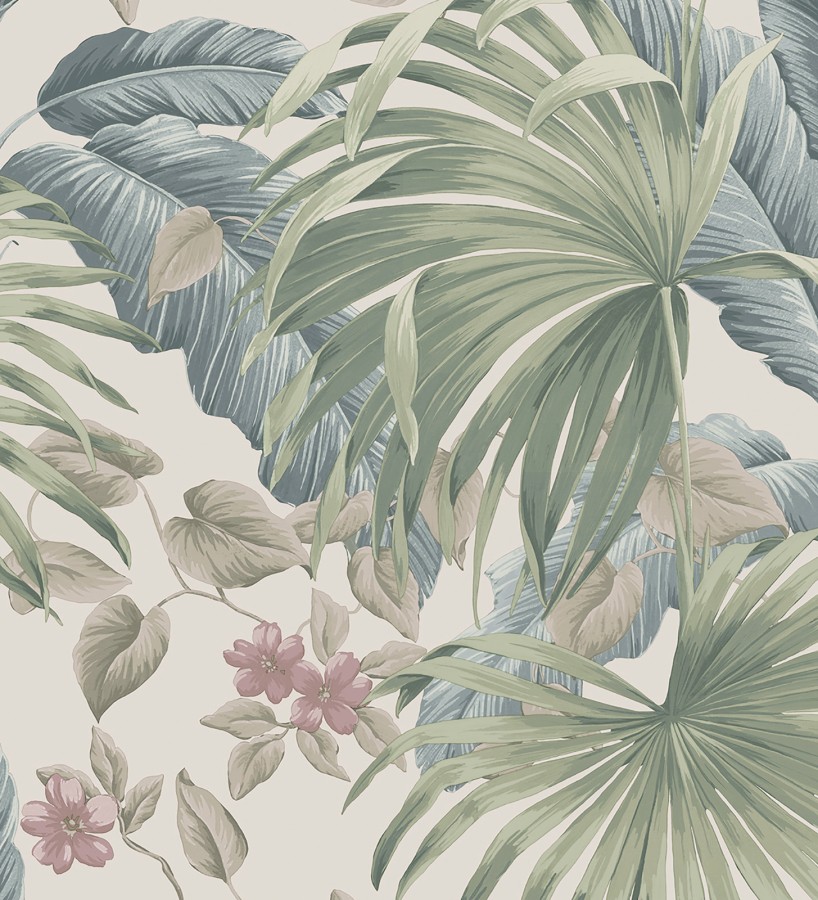 Papel pintado de hojas de palmera tropical color verde azul y marfil claro Polynesia Paradise 682839