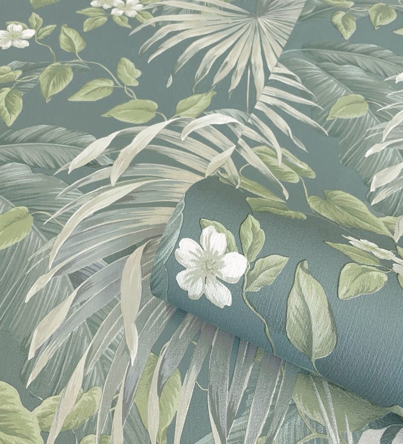 Papel pintado de hojas de palmera tropical color verde beige y azul grisáceo Polynesia Paradise 682840