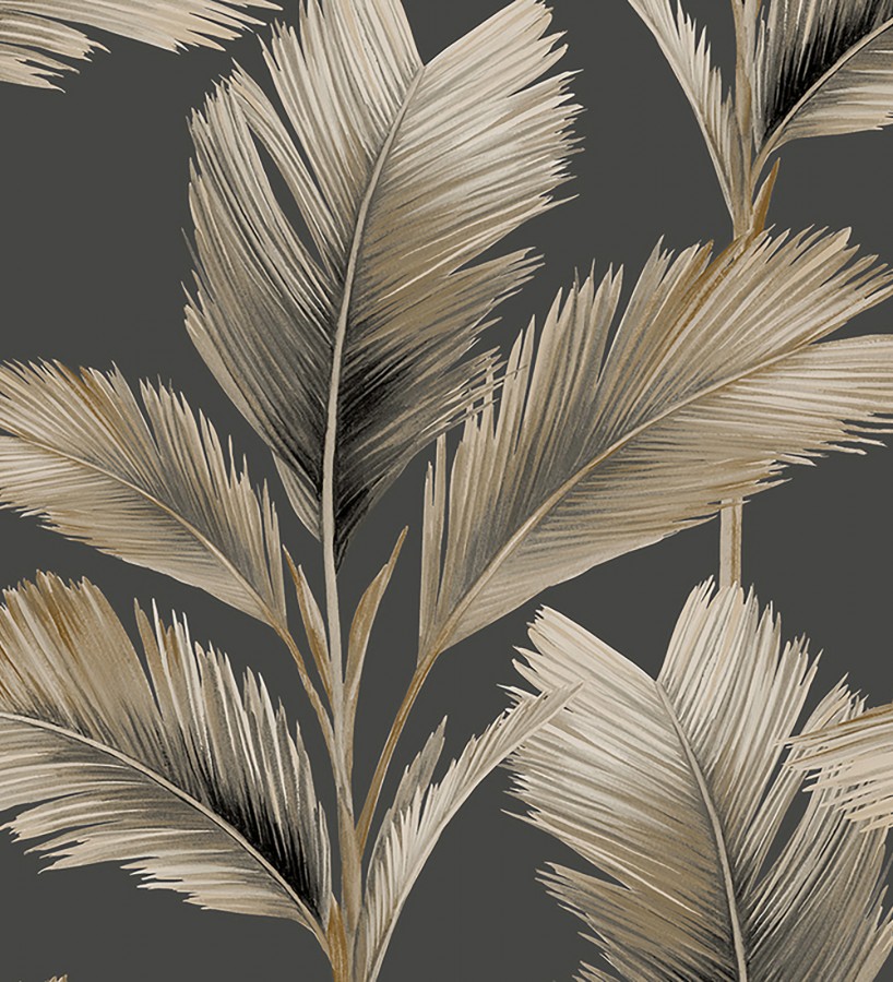 Papel pintado hojas de palma tropical color beige perlado sobre fondo gris mate Areca 682847