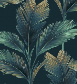 Papel pintado hojas de palma tropical color azul turquesa sobre fondo azul petróleo Areca 682848