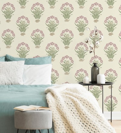Papel pintado de flores conejos y tortugas estilo country fondo marfil Fiona Flowers 682852