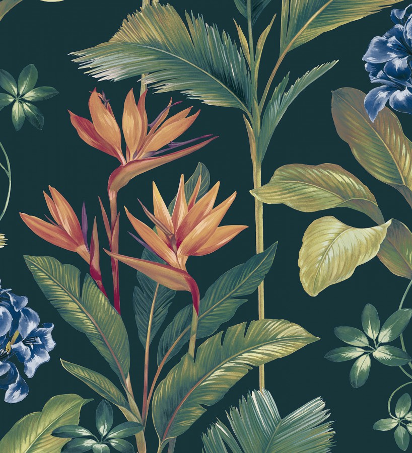 Papel pintado de flores del paraíso y hojas estilo tropical fondo azul petróleo Mia Orchid 682879