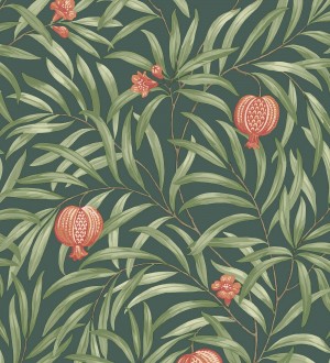 Papel pintado de frutos coral y hojas verde fondo verde oscuro Parisian Fruit 682886