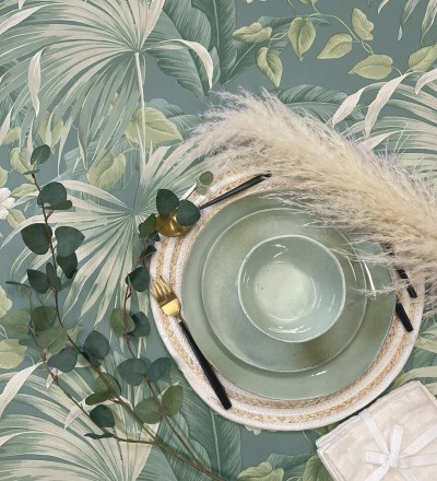 Papel pintado de hojas de palmera tropical color verde beige y azul grisáceo Polynesia Paradise 682840