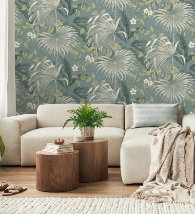 Papel pintado de hojas de palmera tropical color verde beige y azul grisáceo Polynesia Paradise 682840