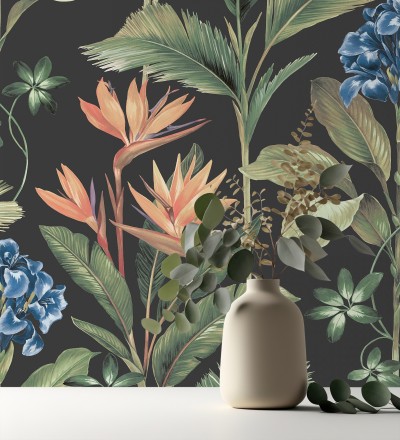 Papel pintado de flores del paraíso y hojas estilo tropical fondo negro Mia Orchid 682876