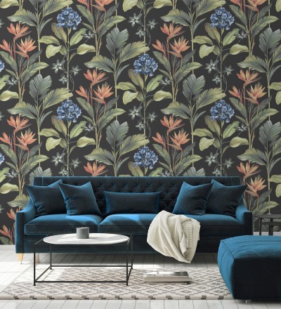 Papel pintado de flores del paraíso y hojas estilo tropical fondo negro Mia Orchid 682876