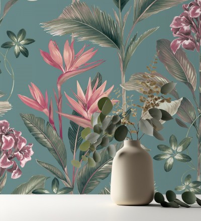 Papel pintado de flores del paraíso y hojas estilo tropical color azul turquesa oscuro Mia Orchid 682878