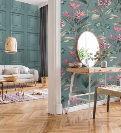 Papel pintado de flores del paraíso y hojas estilo tropical color azul turquesa oscuro Mia Orchid 682878