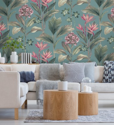 Papel pintado de flores del paraíso y hojas estilo tropical color azul turquesa oscuro Mia Orchid 682878