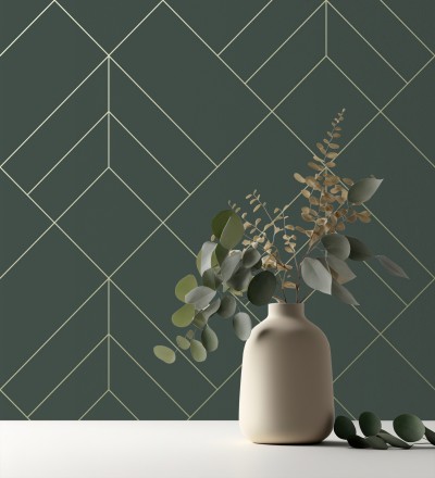 Papel pintado geométrico de rombos con líneas doradas fondo verde estilo Art déco Arnova 682087