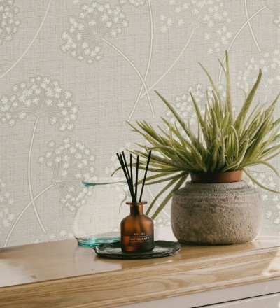 Papel pintado de flores diente de león con estilo nórdico color beige en relieve Liss Dandelion 682366