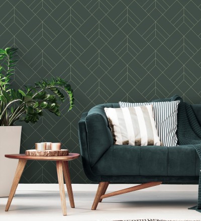 Papel pintado geométrico de rombos con líneas doradas fondo verde estilo Art déco Arnova 682087