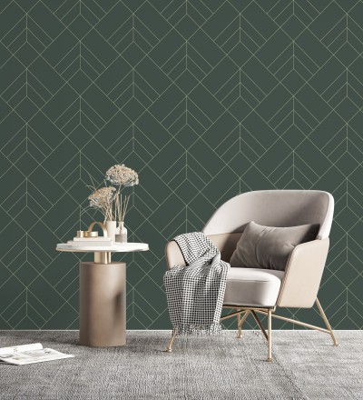 Papel pintado geométrico de rombos con líneas doradas fondo verde estilo Art déco Arnova 682087