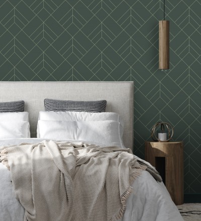 Papel pintado geométrico de rombos con líneas doradas fondo verde estilo Art déco Arnova 682087