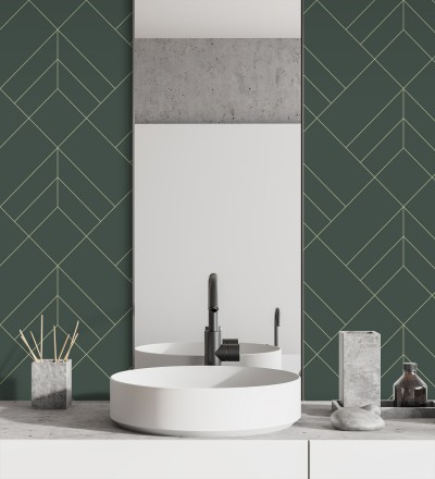 Papel pintado geométrico de rombos con líneas doradas fondo verde estilo Art déco Arnova 682087