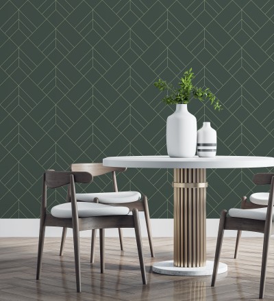 Papel pintado geométrico de rombos con líneas doradas fondo verde estilo Art déco Arnova 682087