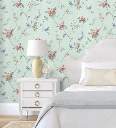 Papel pintado pájaros y flores estilo romántico Villa Elena 121383
